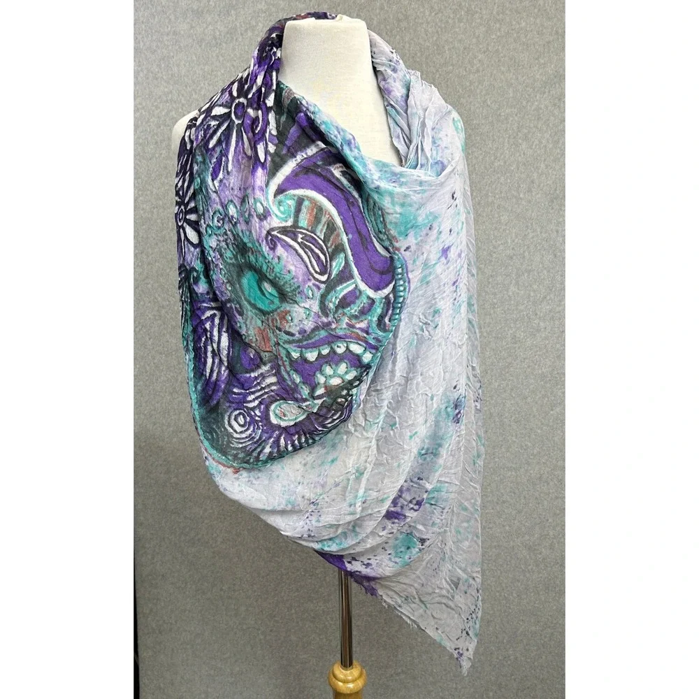 Blue Pacific Scarf Purple Teal Elephant Print Cashmere Silk Blend Bohemian Artsy